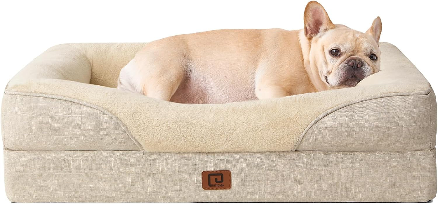 Luxuriöses Orthopädisches Hundebett für Kleine Hunde – Waschbares, Wasserdichtes Memory Foam Hundesofa mit Rutschfestem Design und 4 Stützrändern in Beige (76x51x16.5cm)